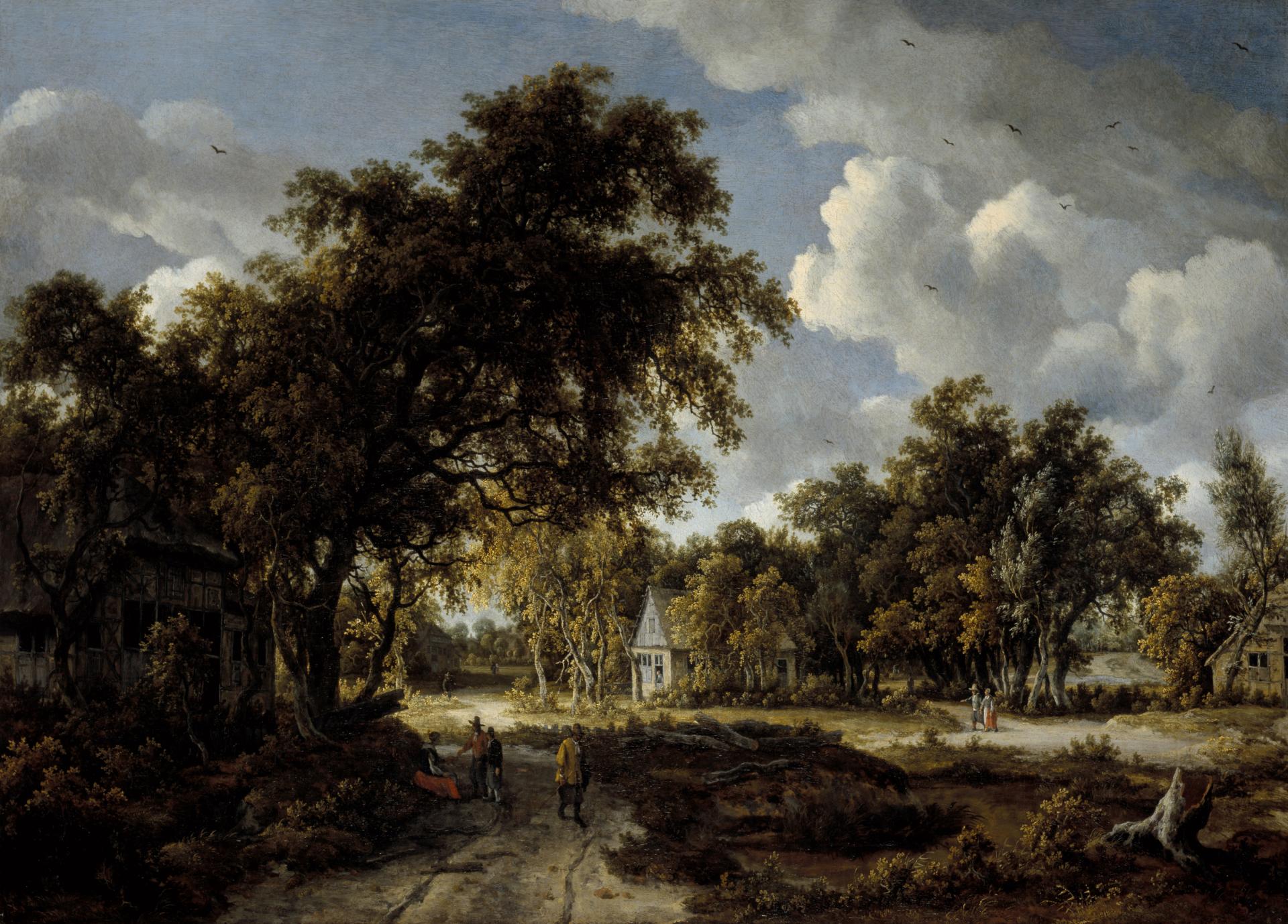 This is a painting of open paths through woods with buildings surrounded by trees and people walking on the paths, through the trees there are large billowing clouds in the sky