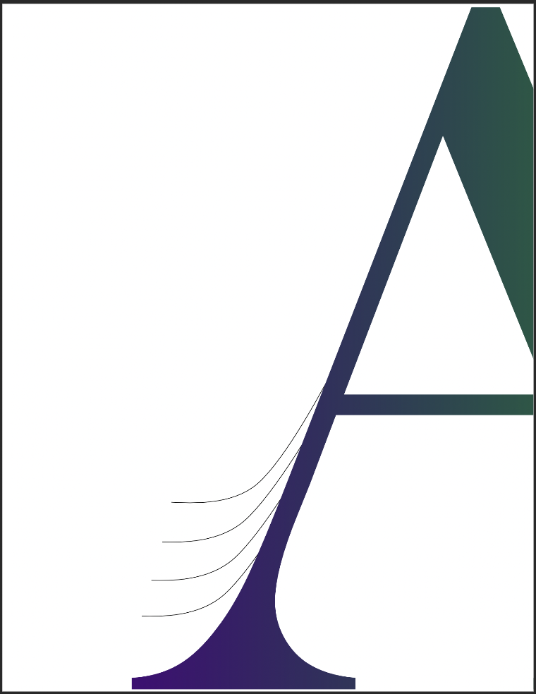 Serif capital letter A with frayed feather near the left bottom serif and gradient purple to dark green